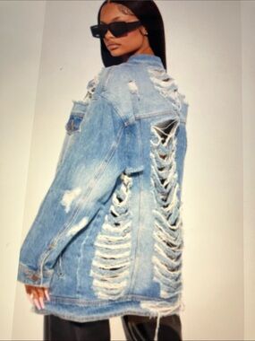 Cello Light Blue Distressed shredded Oversized Jean Jacket